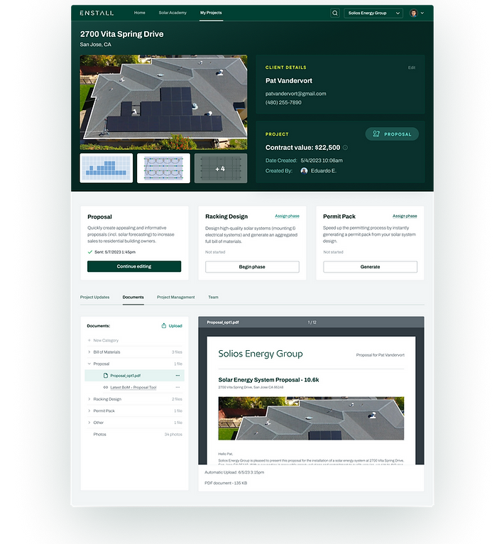 UX UI mockup of managing a solar project at specific address