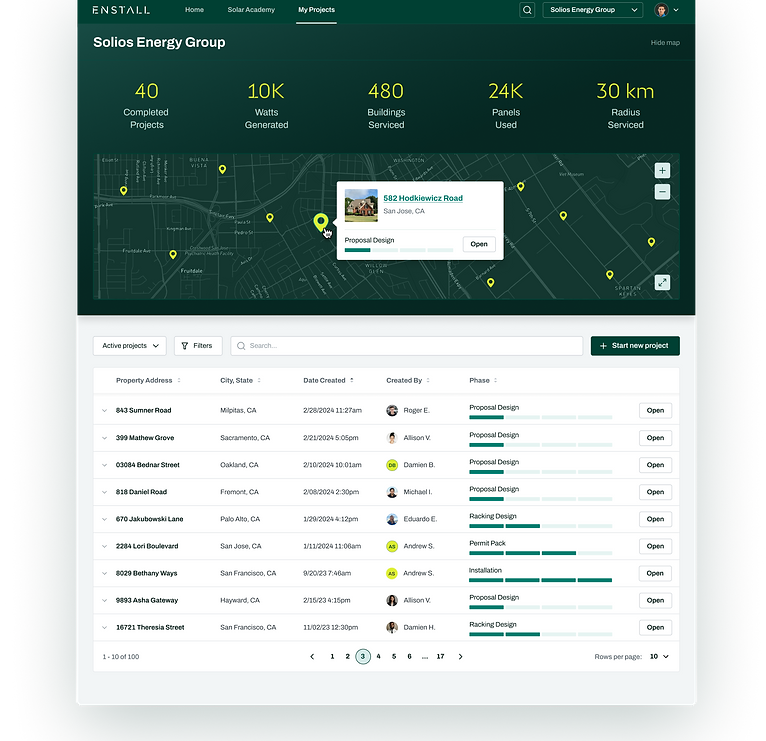 UX UI mockup of solar project management platform