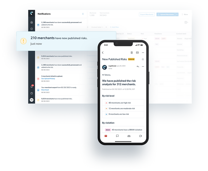 Web and app interface showing critical risk notifications