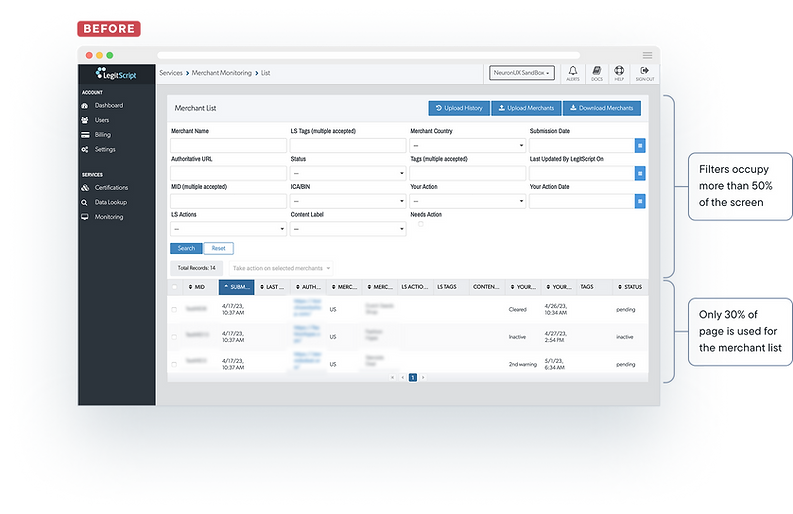 Mockup of the platform UX UI before redesign