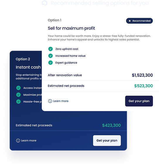 UX UI elements of AI-powered property report recommending selling options 