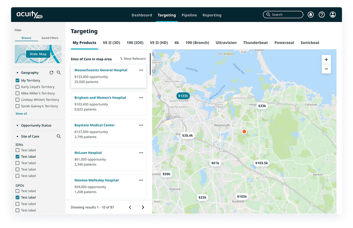 AcuityMD UX/UI Product Mockup Showing the Targeting Feature with a Map view