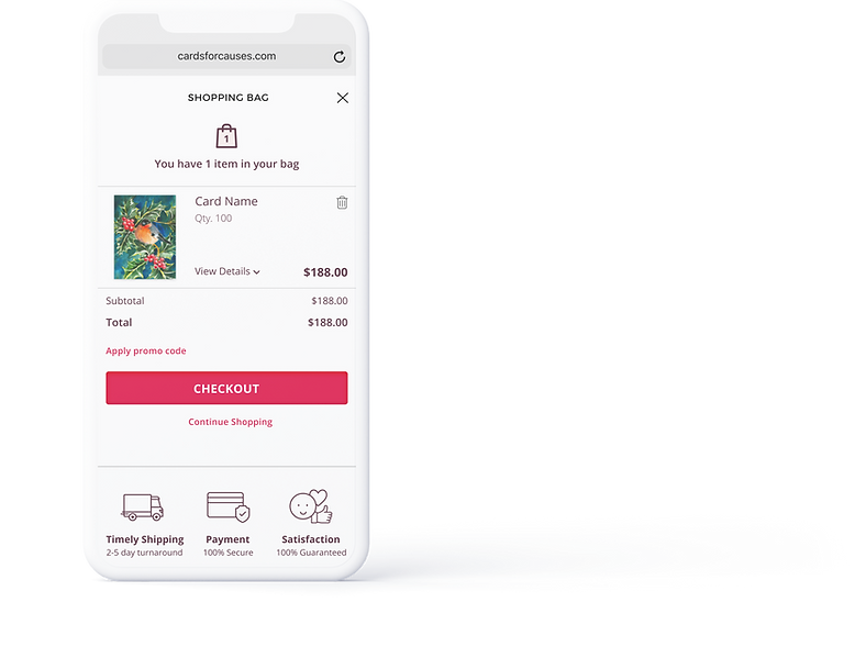Cards for Causes checkout flow user interface.
