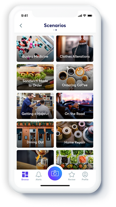 Scenarios page user interface with learning categories - Mobile App UX Design
