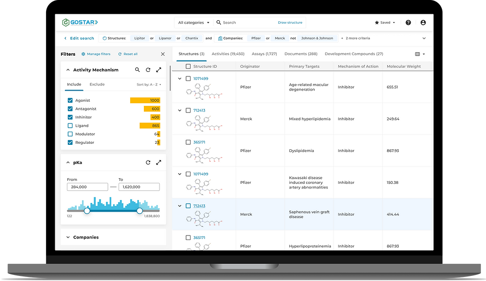 Excelra GOSTAR search results UI UX mockup