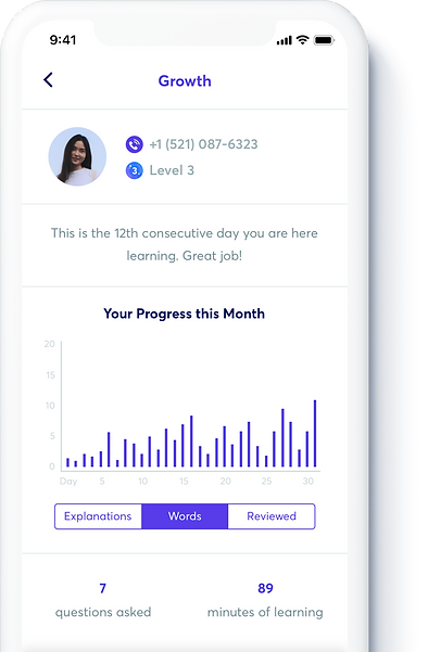 Growth page design indicating user learning progress - Mobile App UX Design