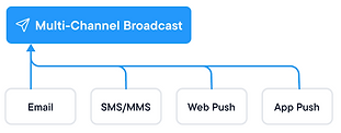 Flow diagram that shows Email, SMS/MMS, Web Push, and App Push all being included in a Multi-Channel Broadcast