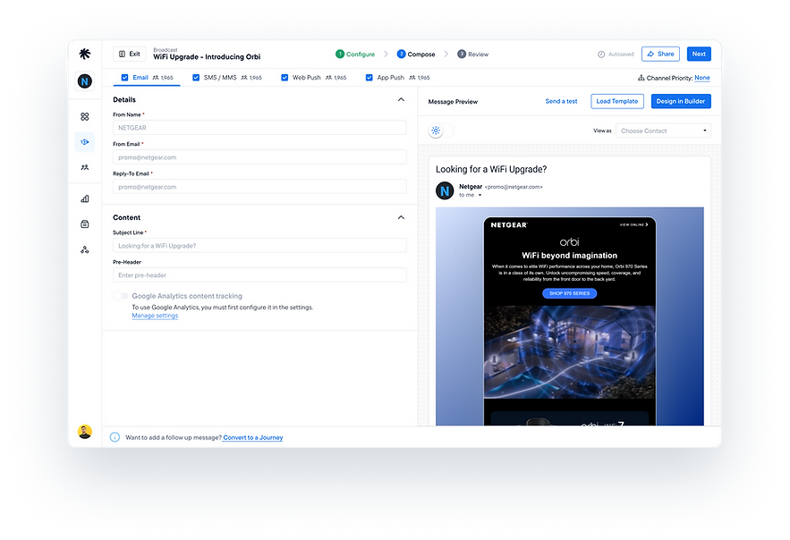 UX/UI design mockup of managing outreach across multiple channels