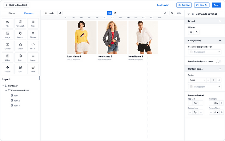 UX/UI design mockup of the no-code email builder
