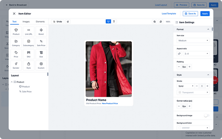 UX/UI design mockip of the Item Editor, allowing users to customize how products appear in emails