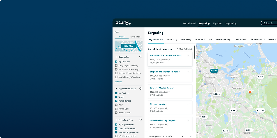 A web application UX/UI designed to drive medical device sales and market insights.